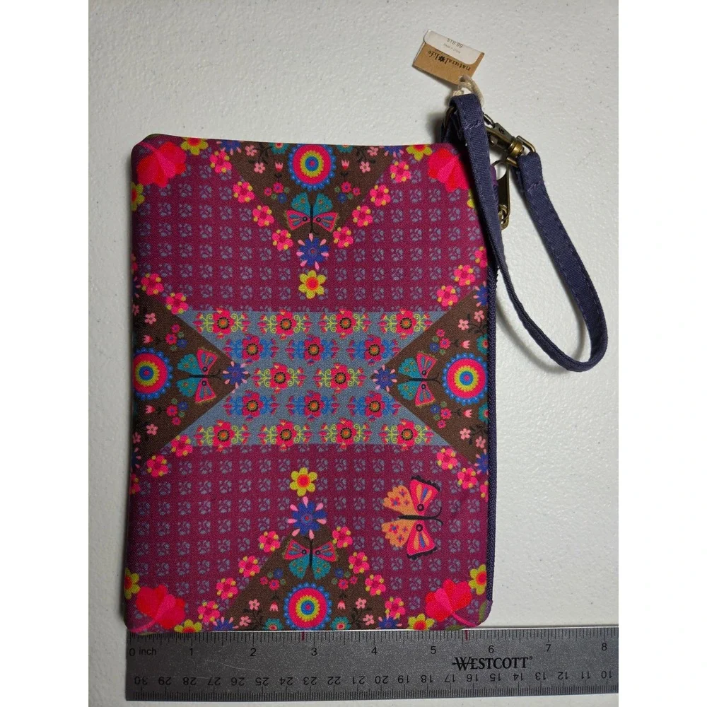 Natural Life Boho Floral Butterfly Canvas Wristlet Pouch Plum Purple NWT